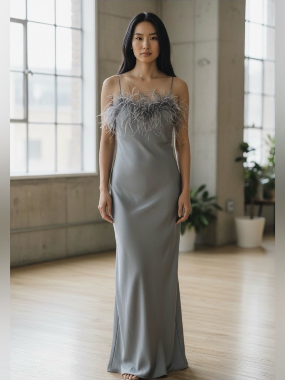 YFB Feather Trim Satin Maxi Dress Silver Gray Small | Quiet Luxury Glamour
